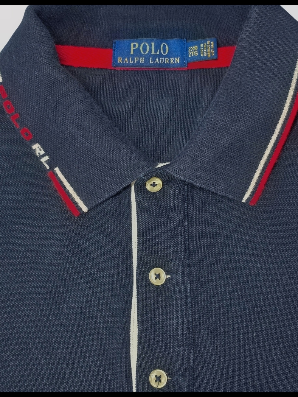 Polo Ralph Lauren Big Pony Polo Shirt 2XB Navy Red White Woven Collar Trim Logo - Picture 2 of 13